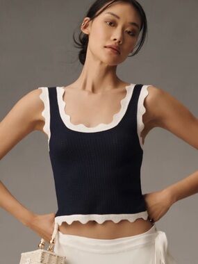 Anthropologie Maeve navy white cropped scallop sweater tank xs